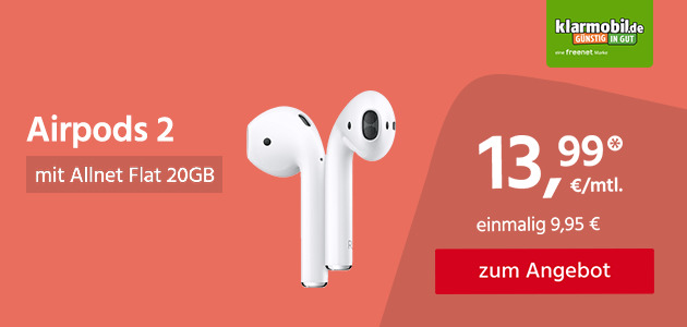 /aktion/tarife/apple-airpods-2-mit-allnet-flat-20gb   20GB Allnet Flat für monatlich 13,99€ mit Apple Airpods 2 für einmalig 9,95€  