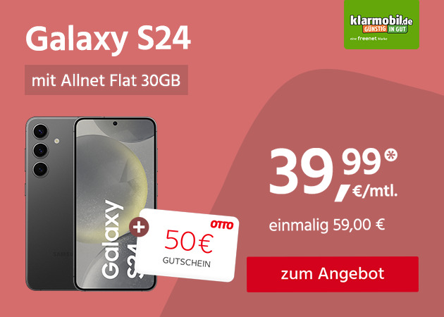 Galaxy S24 mit Allnet Flat 30GB für nur einmalig 59 Eurofür einmalig 4,95€ und monatlich 24,99€