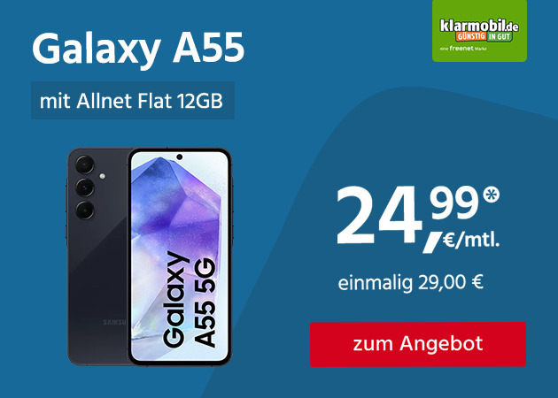 Galaxy A55 mit Allnet Flat 12GB für nur einmalig 29 EuroGB für 34,99€ mtl. und einmalig nur 99€