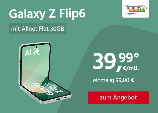 Samsung Galaxy Z Flip6 mit Allnet Flat 30GB für einmalig 99€ und monatlich 39,99€