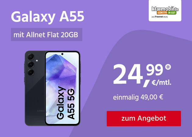 Samsung Galaxy A55 mit Allnet Flat 20GB für einmalig 49€ und monatlich 24,99€