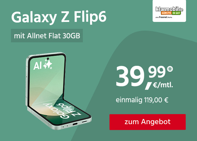 Samsung Galaxy Z Flip6 mit Allnet Flat 30GB für einmalig 119€ und monatlich 39,99€