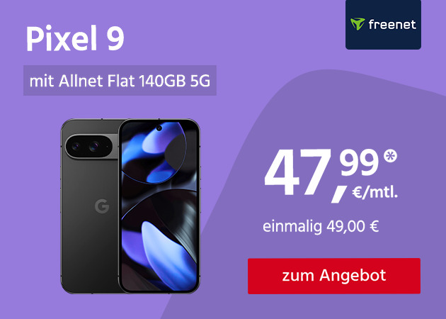 Google Pixel 9 mit Allnet Flat 140GB 5G für einmalig 49€ und monatlich 47,99€