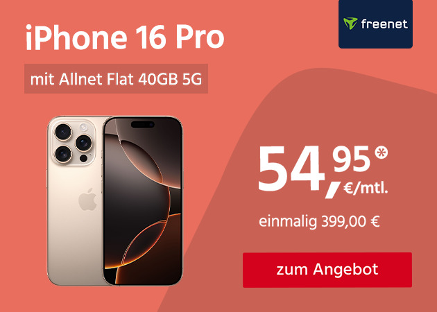 Apple iPhone 16 Pro mit Allnet Flat 40GB 5G für einmalig 399€ und monatlich 54,95€