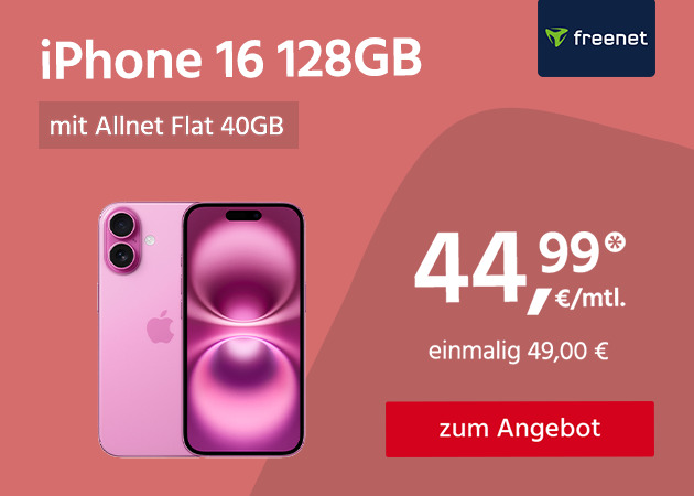 Apple iPhone 16 mit Allnet Flat 40GB 5G für einmalig 49€ und monatlich 44,99€