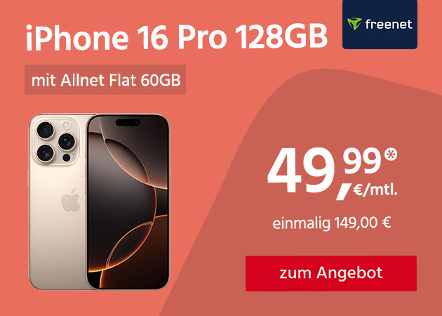 Apple iPhone 16 Pro mit 60GB 5G Allnet Flat für einmalig 149,00€ und monatlich 49,99€