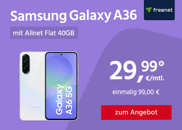 Samsung Galaxy A36 mit Allnet Flat 40GB für einmalig 99,00€ und monatlich 29,99€