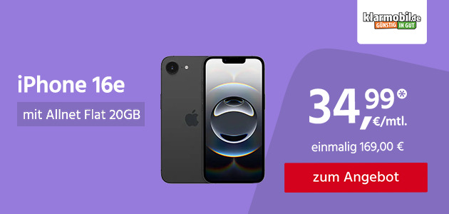 Apple iPhone 16e mit Allnet Flat 20GB für einmalig 169,00€ und monatlich 34,99€