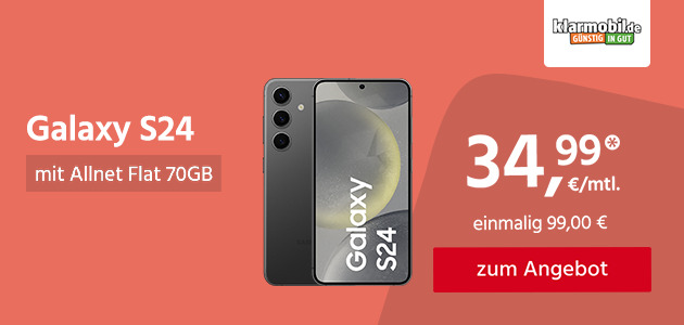 Samsung Galaxy S24 mit Allnet Flat 70GB 5G für einmalig 99,00€ und monatlich 34,99€