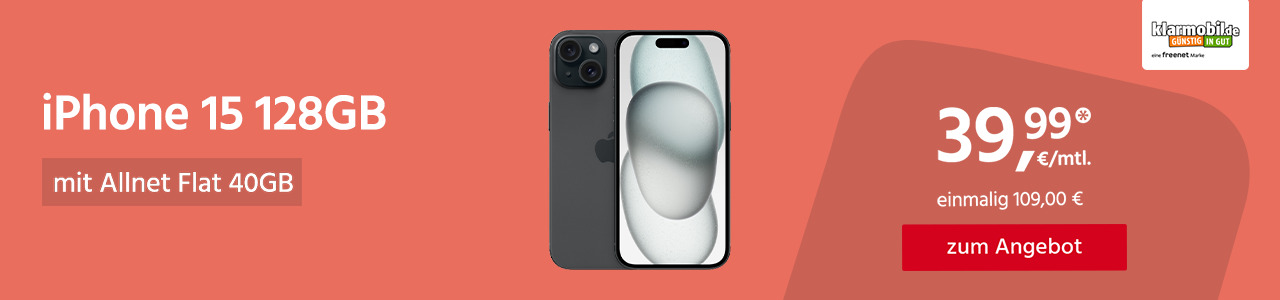 Apple iPhone 15 mit 40GB 5G Allnet Flat für monatlich 39,99€ und einmalig 109,00€
