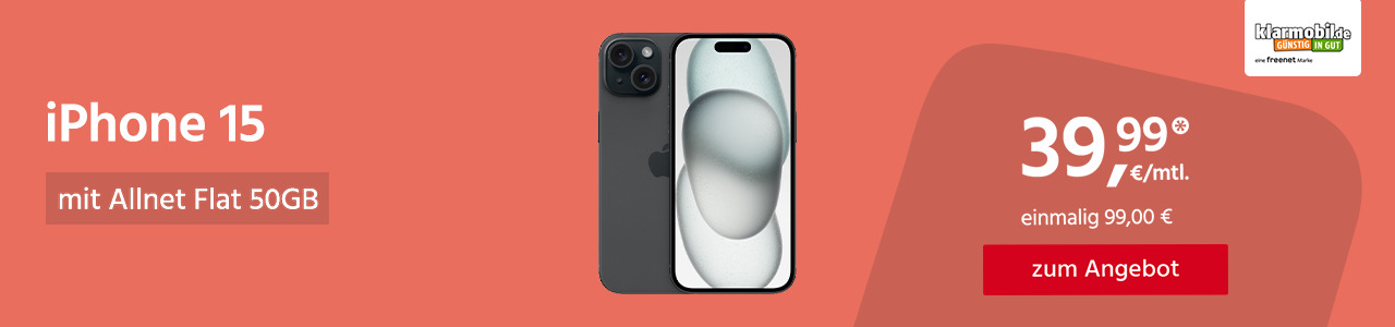 Apple iPhone 15 mit 50GB 5G Allnet Flat für monatlich 39,99€ und einmalig 99,00€
