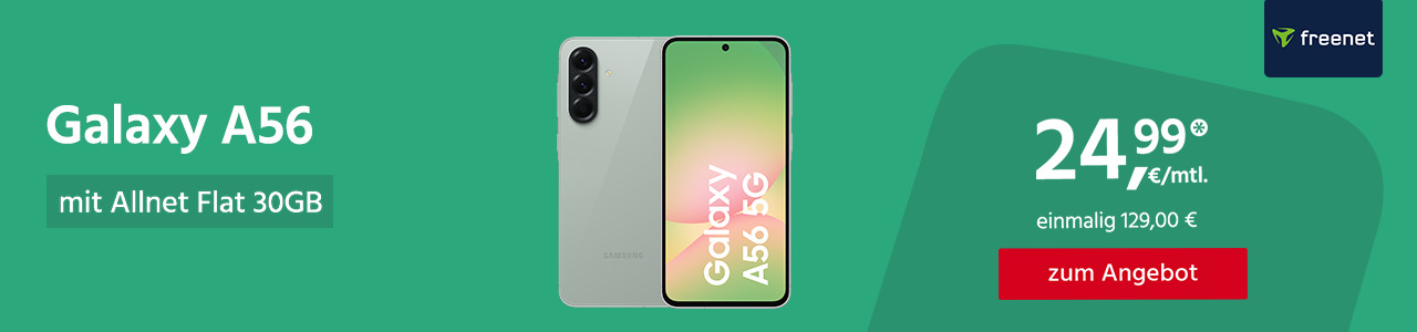 Galaxy A56 mit 30GB Allnet Flat für monatlich 24,99€ und einmalig 129,00€
