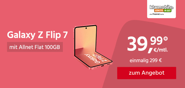 Samsung GalaxyZ Flip7 mit Allnet Flat 100GB 5G für einmalig 299,00€ und monatlich 39,99€