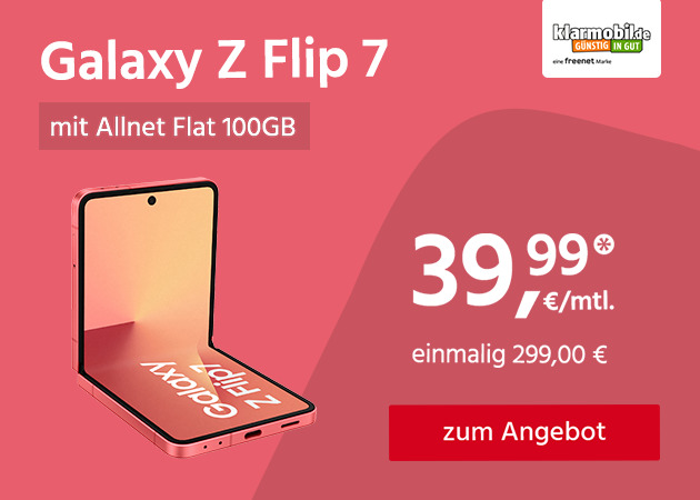 Samsung Galaxy Z Flip7 mit 100GB Allnet Flat für 39,99€ monatlich und einmalig 299,00€