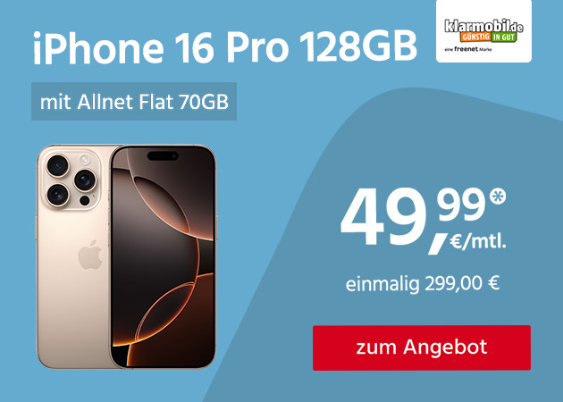 Apple iPhone 16 Pro mit 70GB 5G Allnet Flat für einmalig 299,00€ und monatlich 49,99€