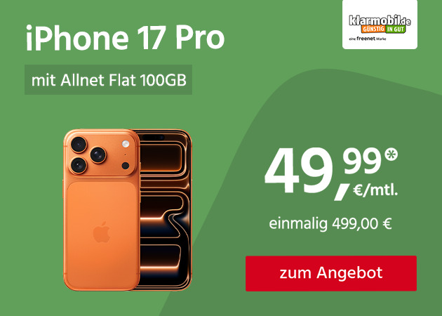 Apple iPhone 17 Pro mit 100GB 5G Allnet Flat für einmalig 499,00€ und monatlich 49,99€