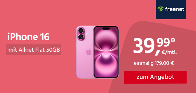 iPhone 16 mit Allnet Flat 50GB 5G für einmalig 179,00€ und monatlich 39,99€ 