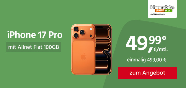 iPhone 17 Pro mit Allnet Flat 70GB 5G für einmalig 499,00€ und monatlich 49,99€ 