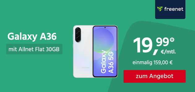Samsung Galaxy A36 mit Allnet Flat 30GB für einmalig 159,00€ und monatlich 19,99€