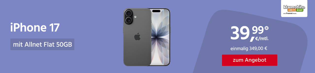Apple iPhone 17 mit 50GB 5G Allnet Flat für monatlich 39,99€ und einmalig 349,00€