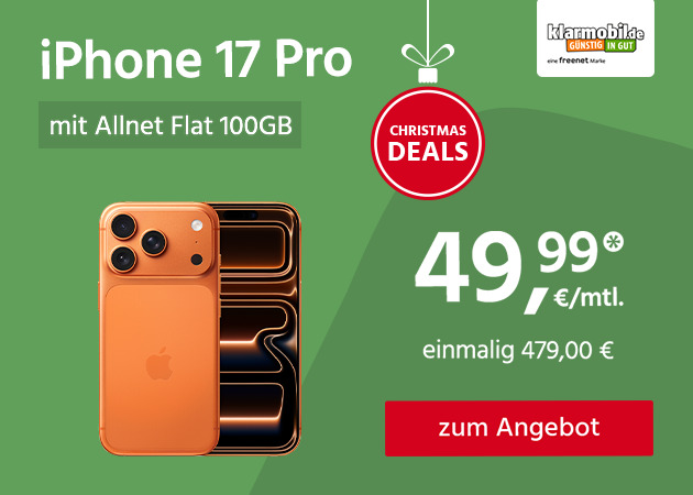 Apple iPhone 17 Pro mit 100GB 5G Allnet Flat für einmalig 479,00€ und monatlich 49,99€