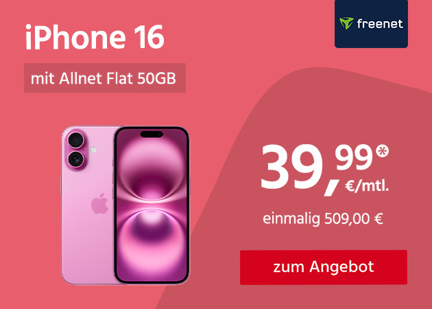 Apple iPhone 16 mit Allnet Flat 50GB 5G für einmalig 509€ und monatlich 39,99€