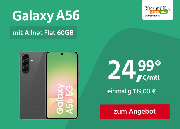 Samsung Galaxy A56 mit Allnet Flat 60GB für einmalig 139,00€ und monatlich 24,99€