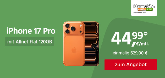 iPhone 17 Pro mit Allnet Flat 120GB 5G für einmalig 529,00€ und monatlich 49,99€ 