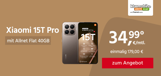 Xiaomi 15T Pro mit Allnet Flat 40GB für einmalig 179,00€ und monatlich 34,99€