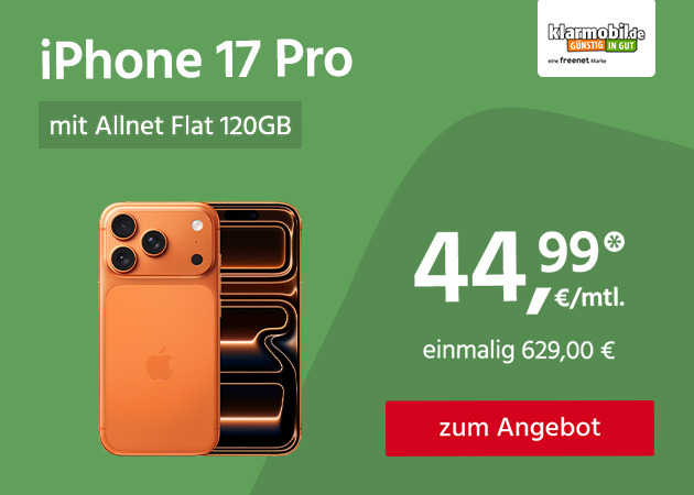 Apple iPhone 17 Pro mit 120GB 5G Allnet Flat für einmalig 629,00€ und monatlich 44,99€