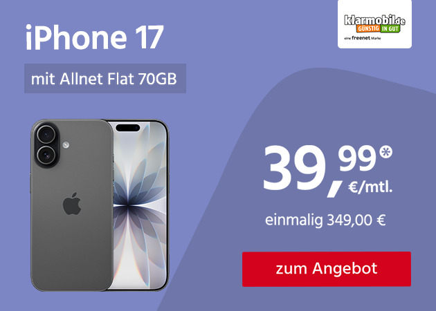 Apple iPhone 17 mit 70GB Allnet Flat für 39,99€ monatlich und einmalig 349,00€