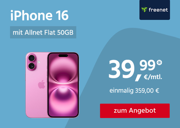 Apple iPhone 16 mit Allnet Flat 50GB 5G für einmalig 359€ und monatlich 39,99€