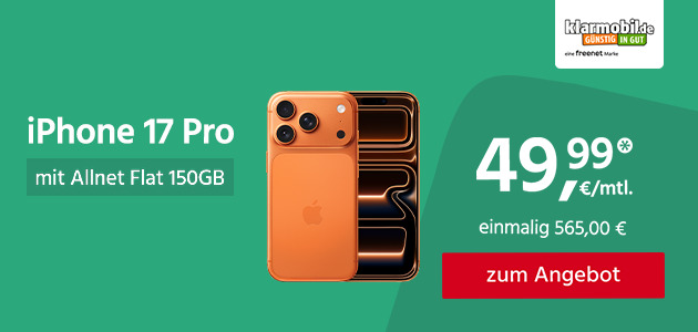iPhone 17 Pro mit Allnet Flat 150GB 5G für einmalig 565,00€ und monatlich 49,99€ 