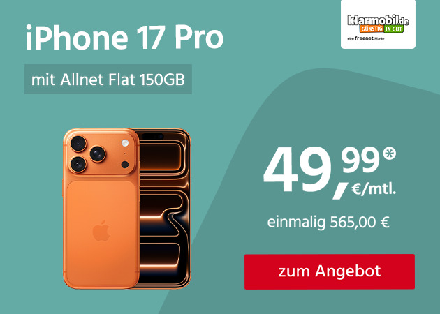 Apple iPhone 17 Pro mit 150GB 5G Allnet Flat für einmalig 565,00€ und monatlich 49,99€