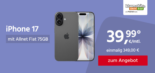 Apple iPhone 17 mit Allnet Flat 75GB 5G für einmalig 349€ und monatlich 39,99€
