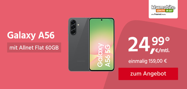 Galaxy A56 mit 60GB für monatlich 24,99€ und einmalig 159,00€