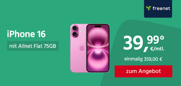 iPhone 16 mit Allnet Flat 75GB 5G für einmalig 359,00€ und monatlich 39,99€ 