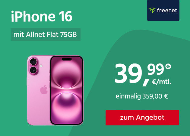 Apple iPhone 16 mit Allnet Flat 75GB 5G für einmalig 359€ und monatlich 39,99€