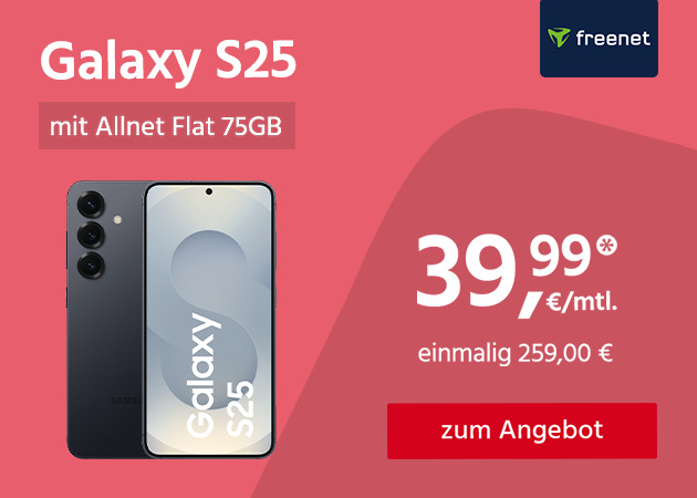 Samsung Galaxy S25 mit 75GB Allnet Flat für 39,99€ monatlich und einmalig 259,00€