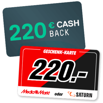 Zwei Gutscheinkarten. Auf einer steht 220 € Cashback, auf der anderen 220 € Geschenkkarte